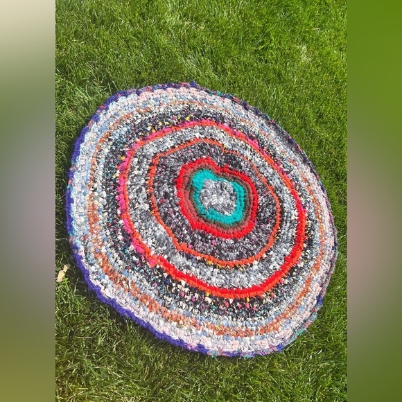 Handmade bohemian crochet upcycled door mat small round floor mat Sz 34" - Picture 1 of 9